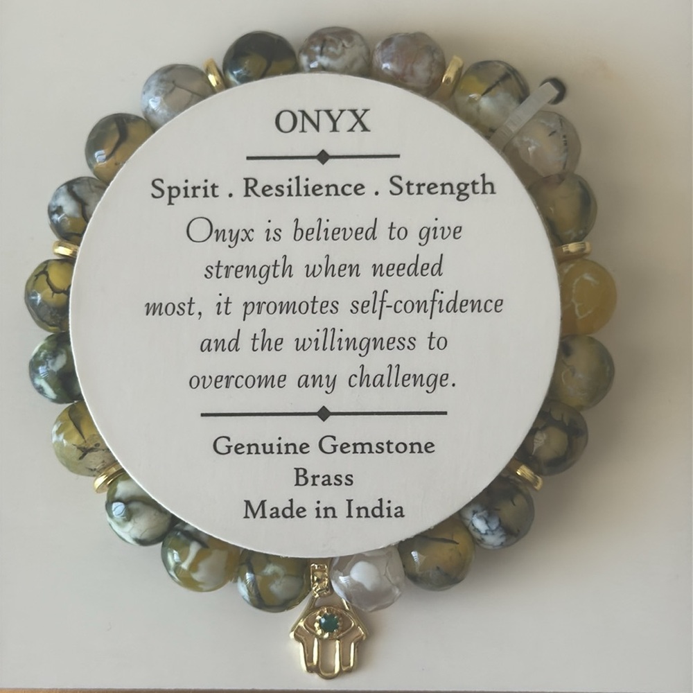 Shivam Onyx Green Gemstone Stretch Bracelet with Brass Hamsa Accent India